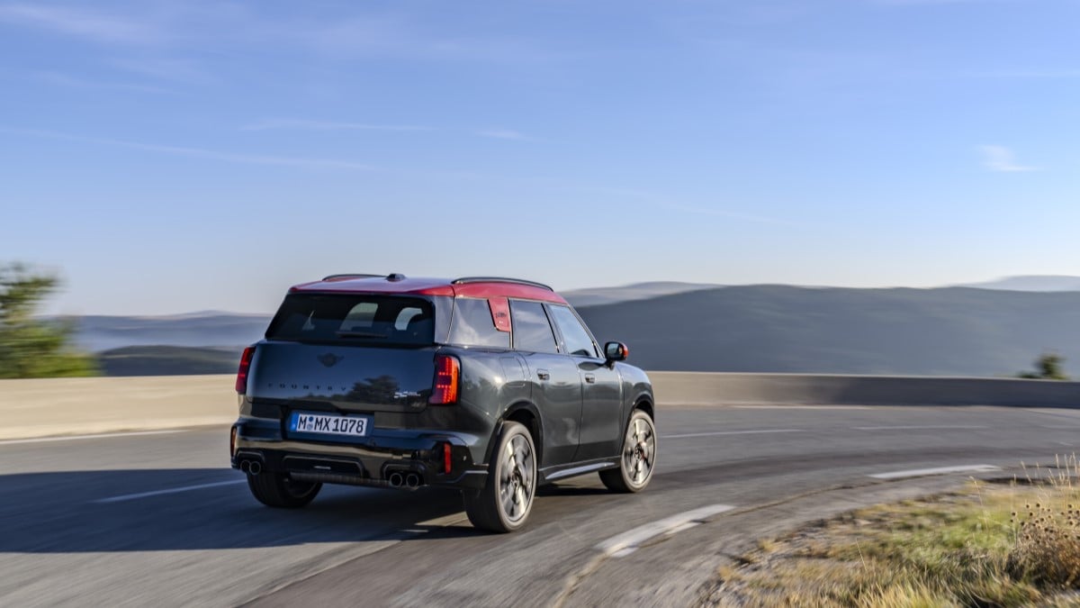 The 2025 Mini Countryman JCW seen from a rear quarter angle