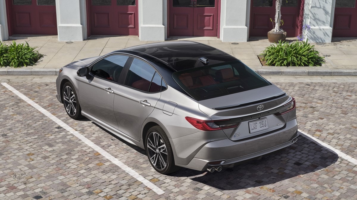 The 2025 Toyota Camry seen from a rear overhead angle