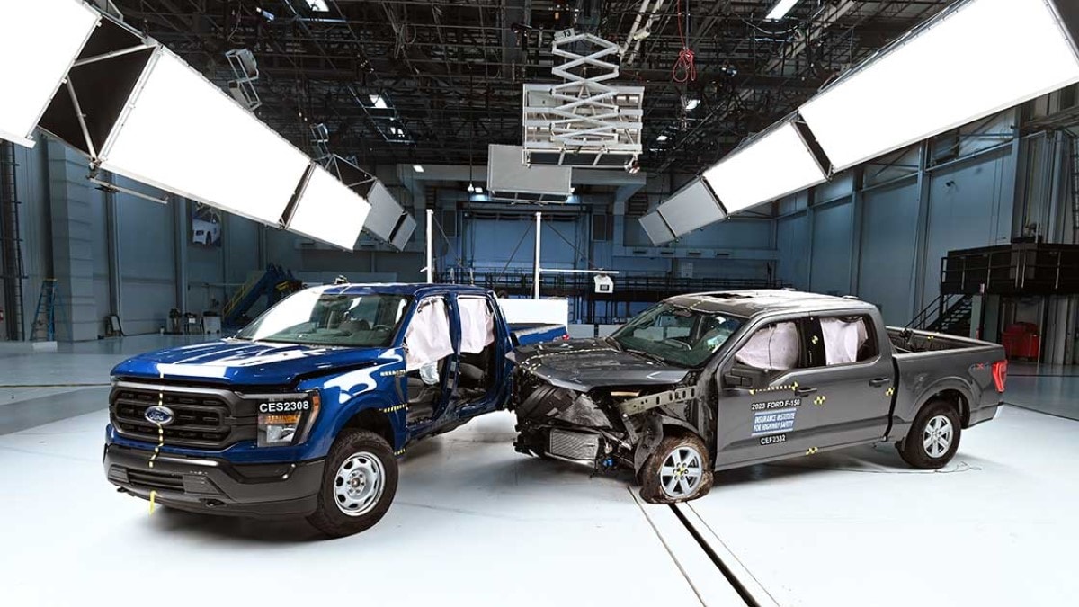 Two full-size trucks after IIHS crash testing
