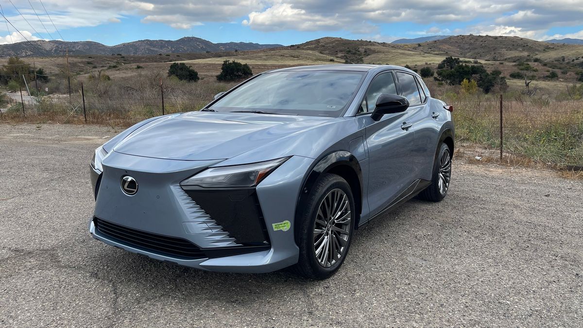 2023 Lexus RZ450e with hills in the background.