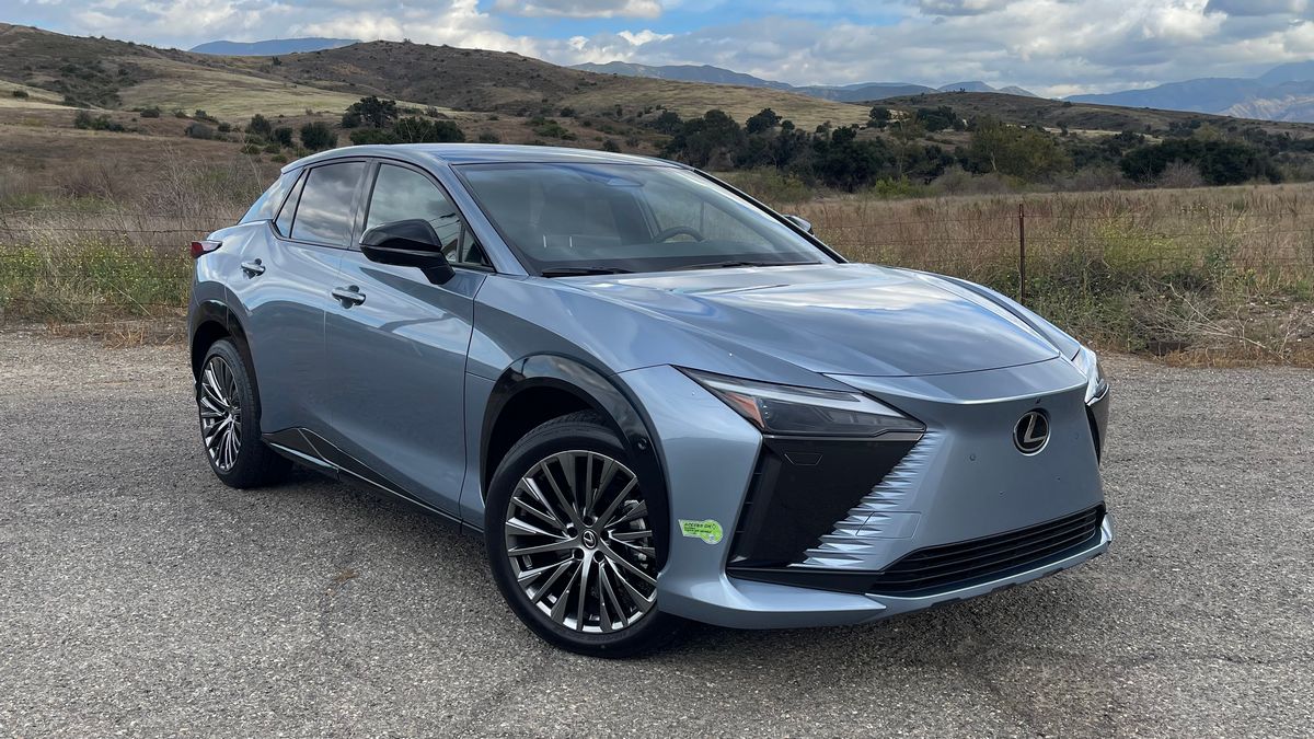 2023 Lexus RZ450e with hills in the background.