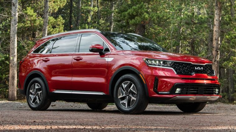 2024 Kia Sorento Hybrid in red parked in a forest.