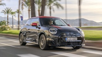 The 2025 Mini Cooper SE John Cooper Works seen from a front quarter angle