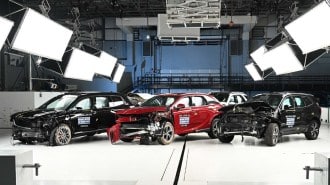 A group of 2023 luxury midsize SUVs after IIHS crash testing