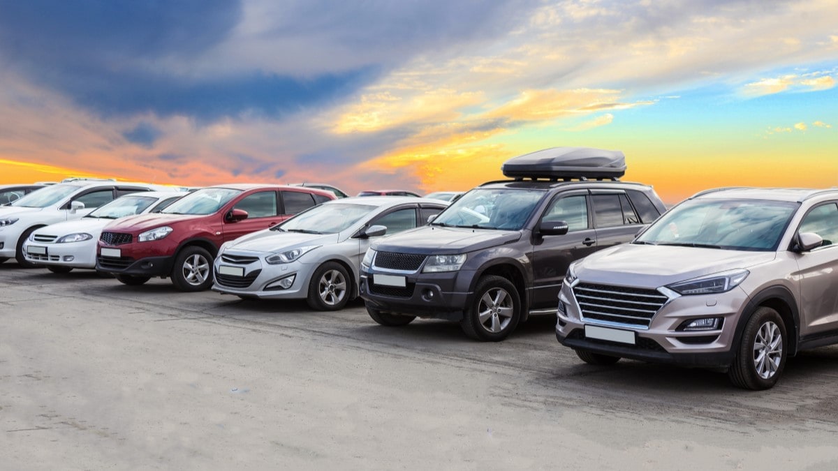 Cars lined up for sale at a dealership