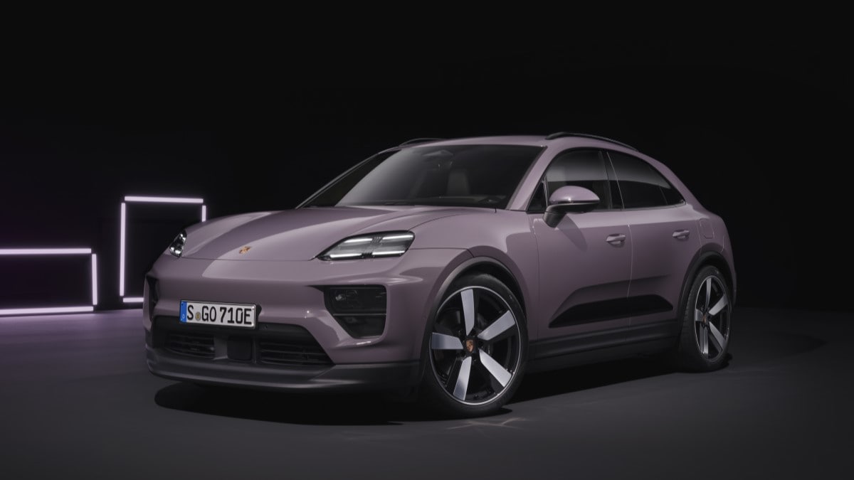 The 2024 Porsche Macan EV seen from a front quarter angle