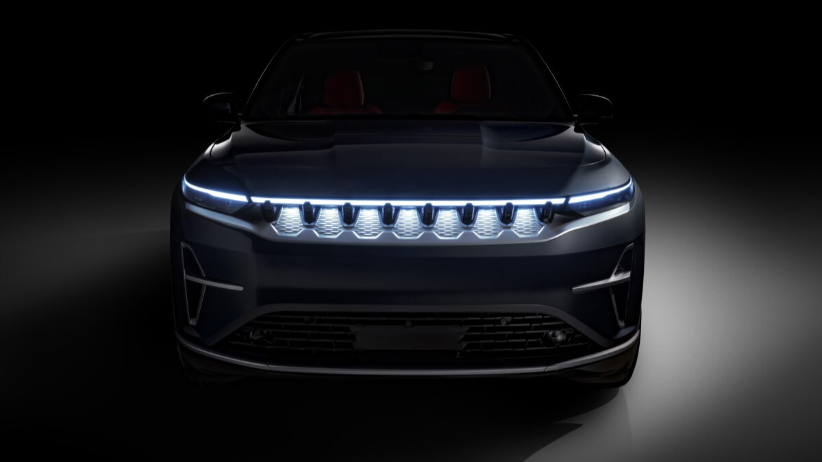 A teaser photo showing the front fascia of the 2025 Jeep Wagoneer S