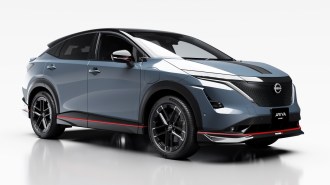 The 2025 Nissan Ariya NISMO seen from a front quarter angle