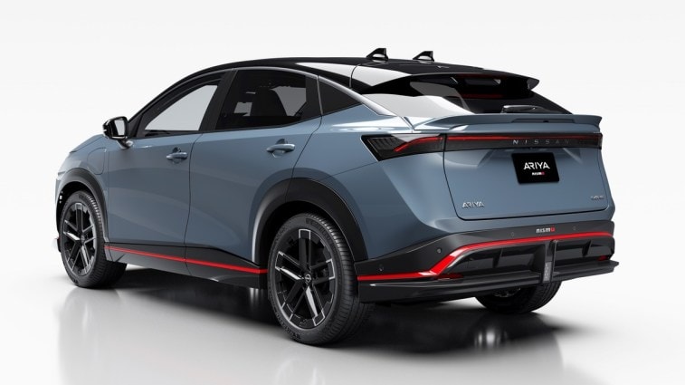 The 2025 Nissan Ariya NISMO seen from a rear quarter angle