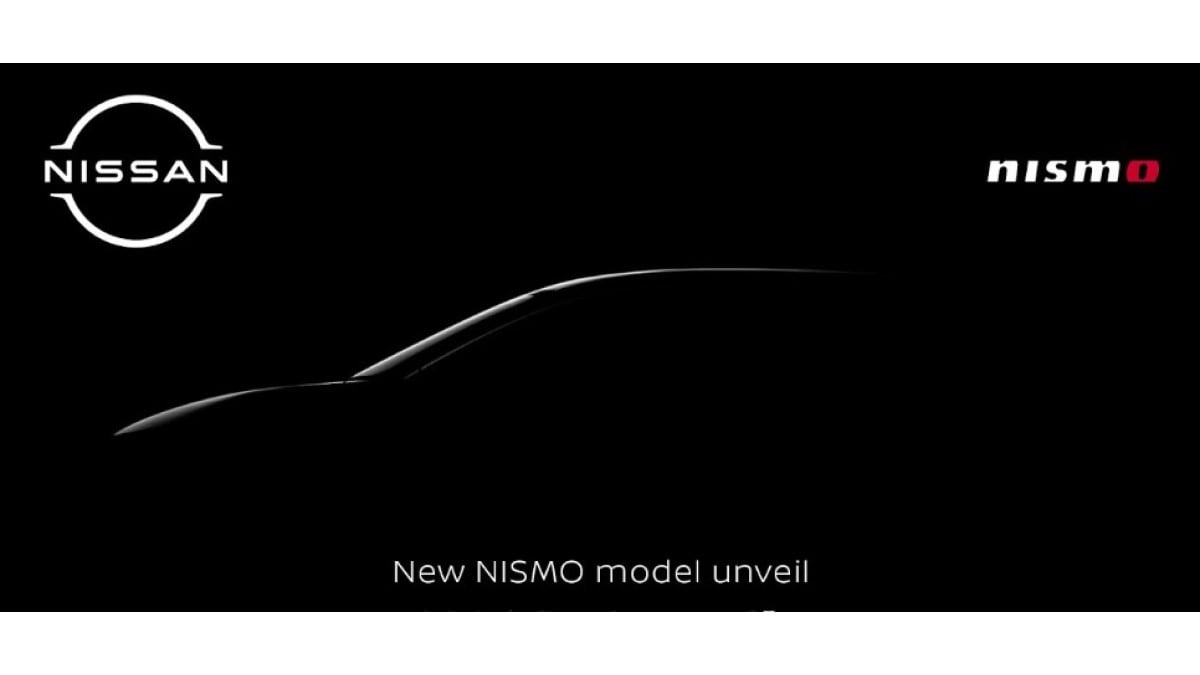 A teaser image probably showing the silhouette of the 2025 Nissan Ariya NISMO