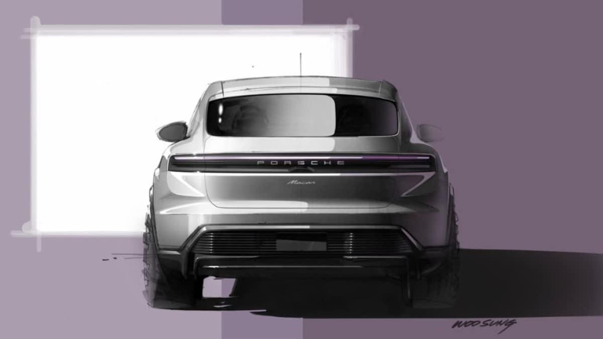 A sketch Porsche released showing the rear-end view of the 2025 Porsche Macan EV