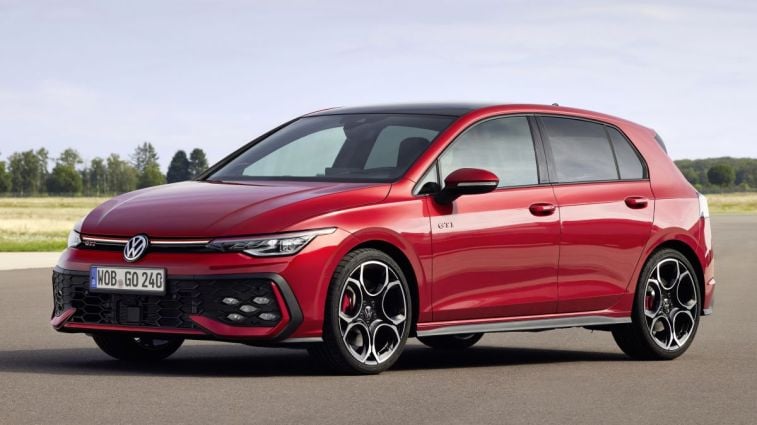 Front view of the 2025 Volkswagen Golf GTI in red