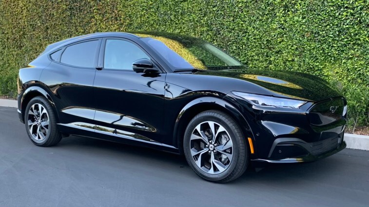 Front view of the 2023 Ford Mustang Mach-E Premium RWD in Shadow Black