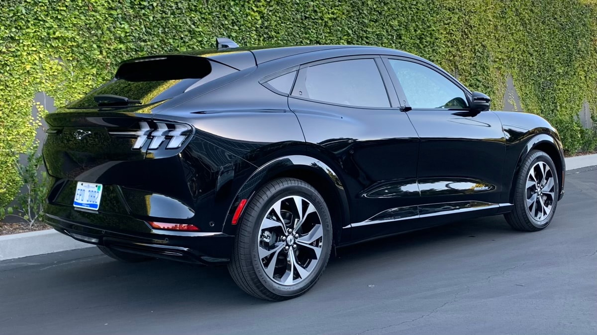 Rear view of the 2023 Ford Mustang Mach-E Premium RWD in Shadow Black