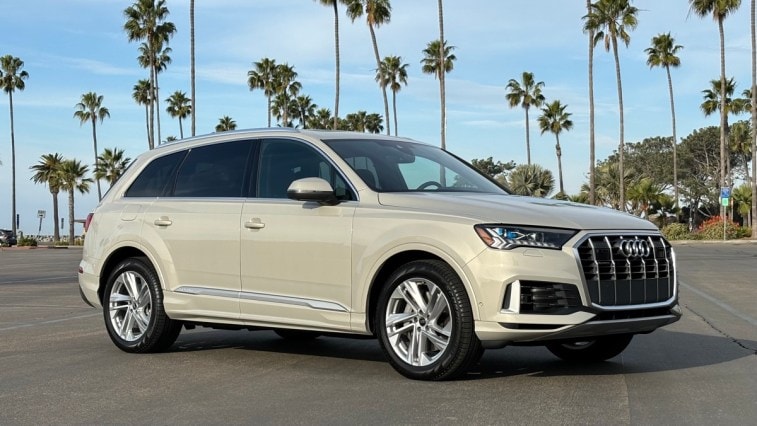 Front view of the 2024 Audi Q7 55 Prestige in Vicuna Beige Metallic with a sticker price of $87,140