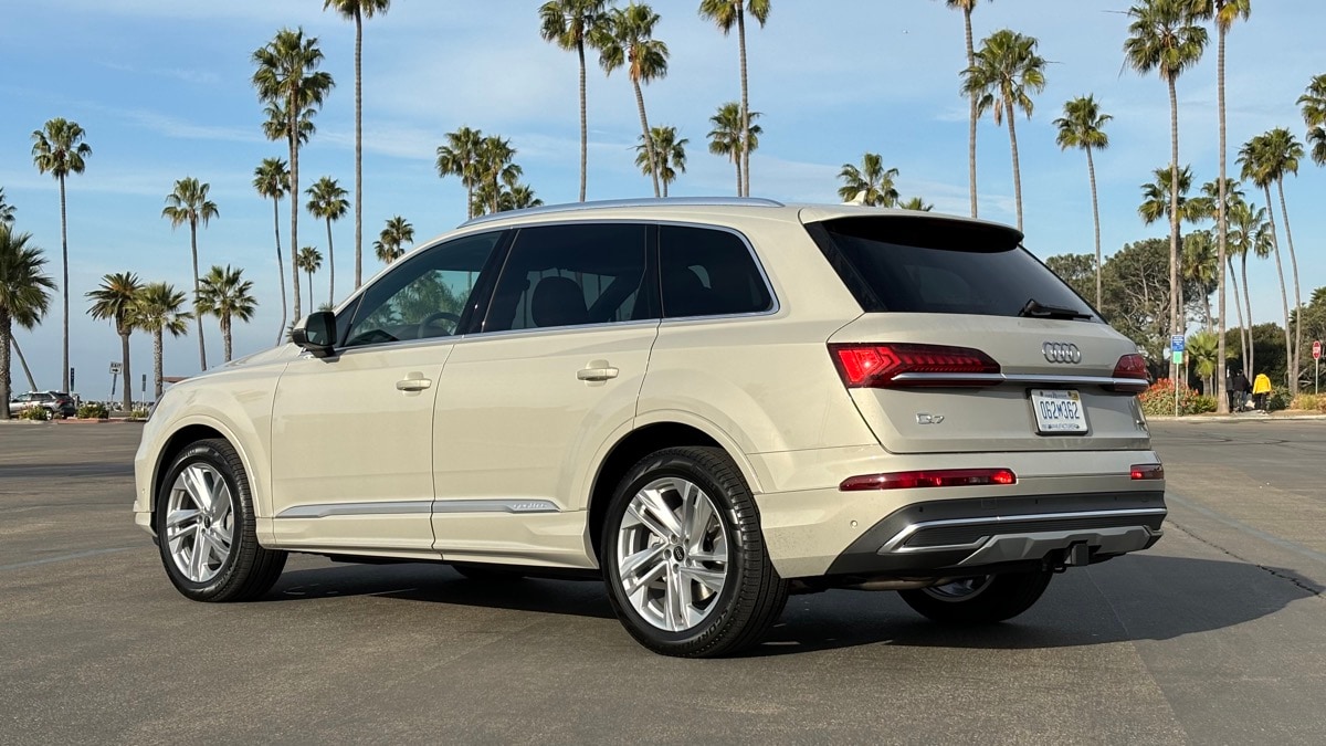 Front view of the 2024 Audi Q7 55 Prestige in Vicuna Beige Metallic with a sticker price of $87,140