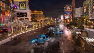 A group of stunt drivers perform 720-degree spins in Mercedes-Benz EQG prototypes
