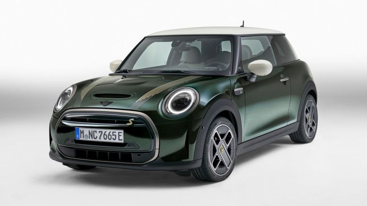 2023 Mini Cooper Electric Resolute in green in a studio.