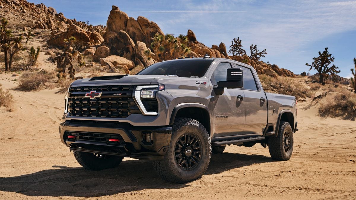 2024 Silverado HD ZR2 in grey near rocks in the desert.
