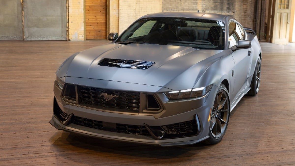 The 2024 Ford Mustang wrapped in Ford's Matte Film Wrap, seen from a front quarter angle