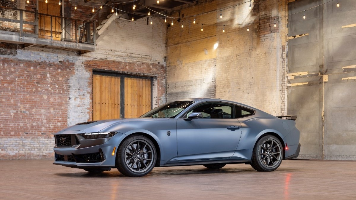 The 2024 Ford Mustang wrapped in Ford's Matte Film Wrap, seen in profile