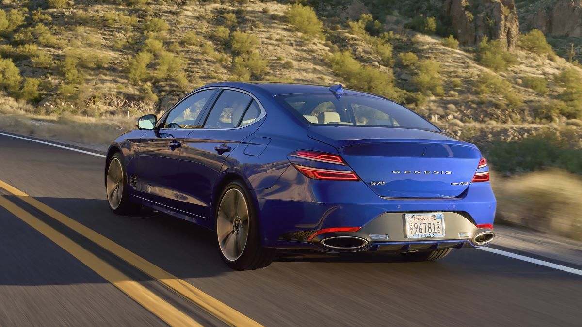 Rear view of the 2024 Genesis G70 in Kawah Blue