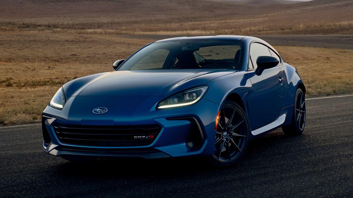 2024 Subaru BRZ tS in blue with dry grass in the background.