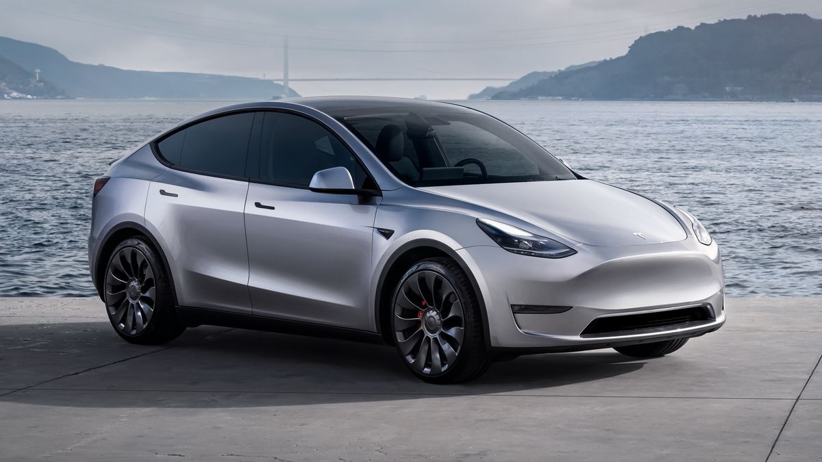 2024 Tesla Model Y in silver with the ocean in the background.