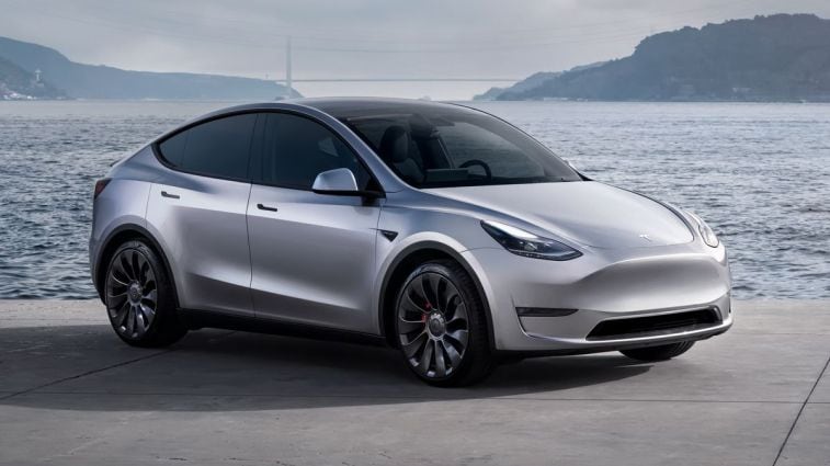 2024 Tesla Model Y in silver with the ocean in the background.