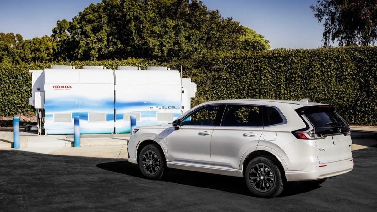 The 2025 Honda CR-V e:FCEV seen from a rear quarter angle