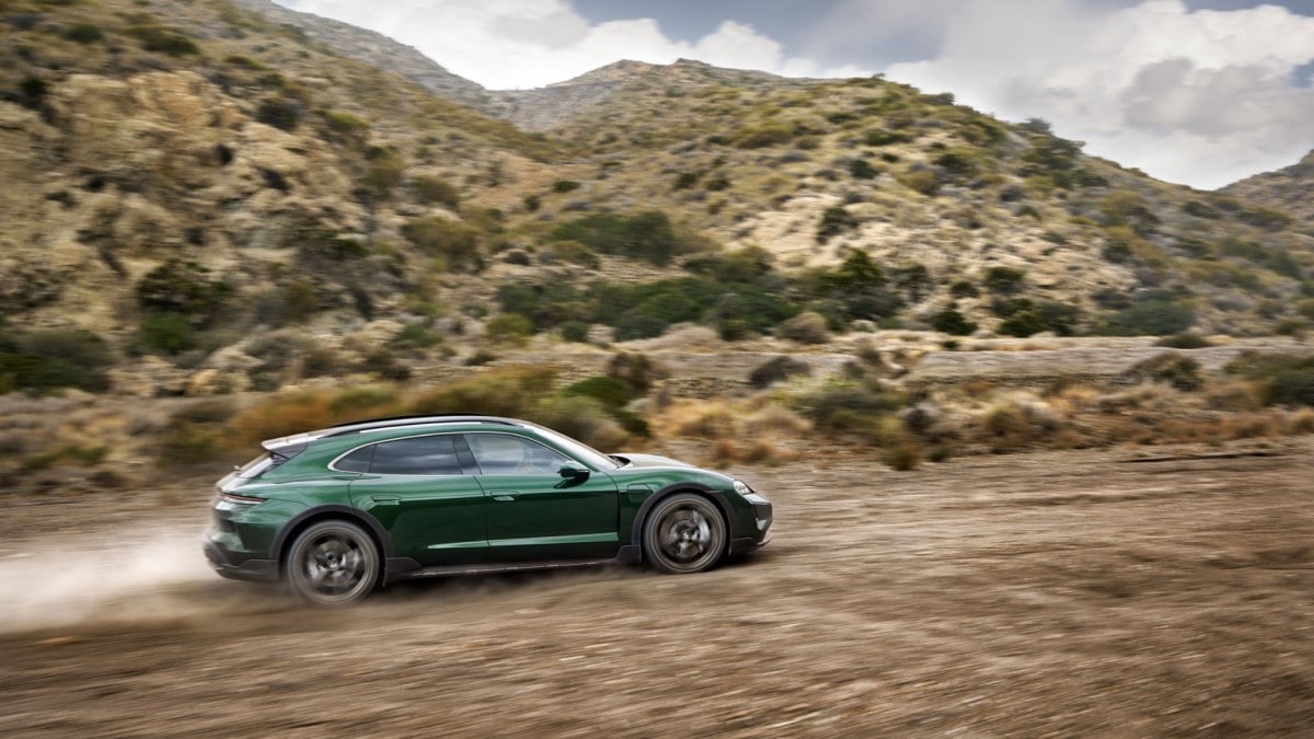The 2025 Porsche Taycan Cross Turismo seen in profile