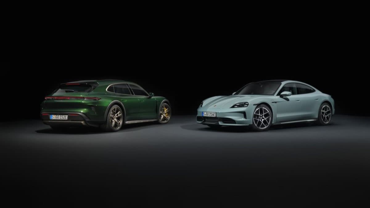 The 2025 Porsche Taycan in blue and Taycan Cross Turismo in green
