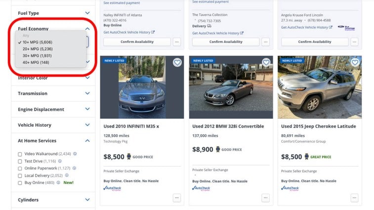 KBB fuel economy search