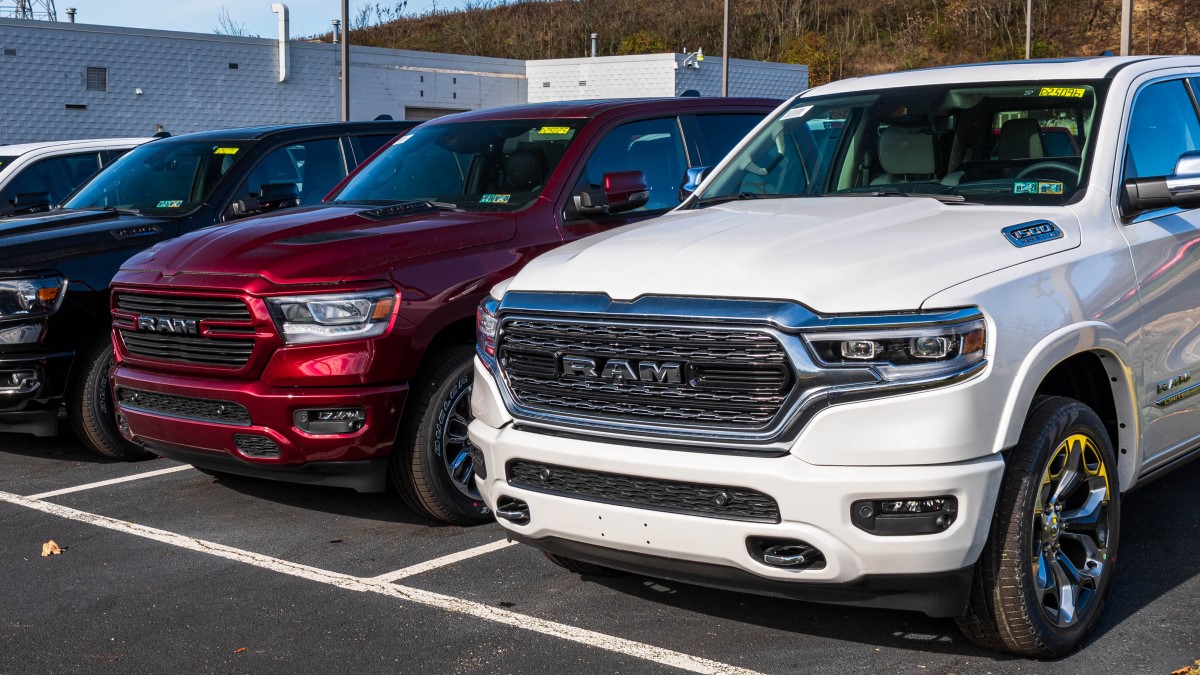 Trucks lined up at a Ram dealership