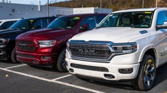 Trucks lined up at a Ram dealership