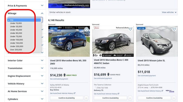 Kelley Blue Book mileage search on KBB.com