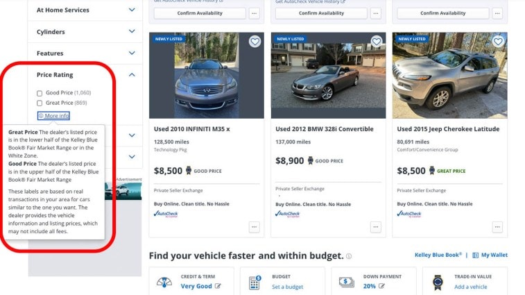 KBB price rating search
