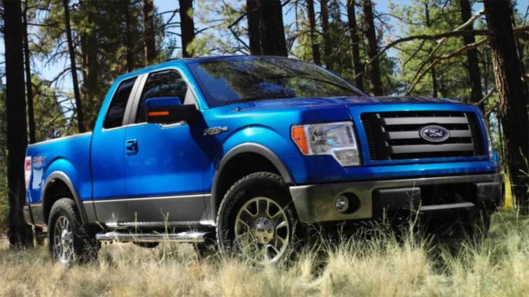 2010 فورد F-150 باللون الأزرق مع أشجار الصنوبر في الخلفية.
