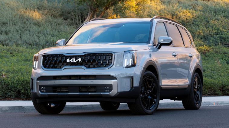 2024 Kia Telluride X-Line in grey with shrubs in the background.