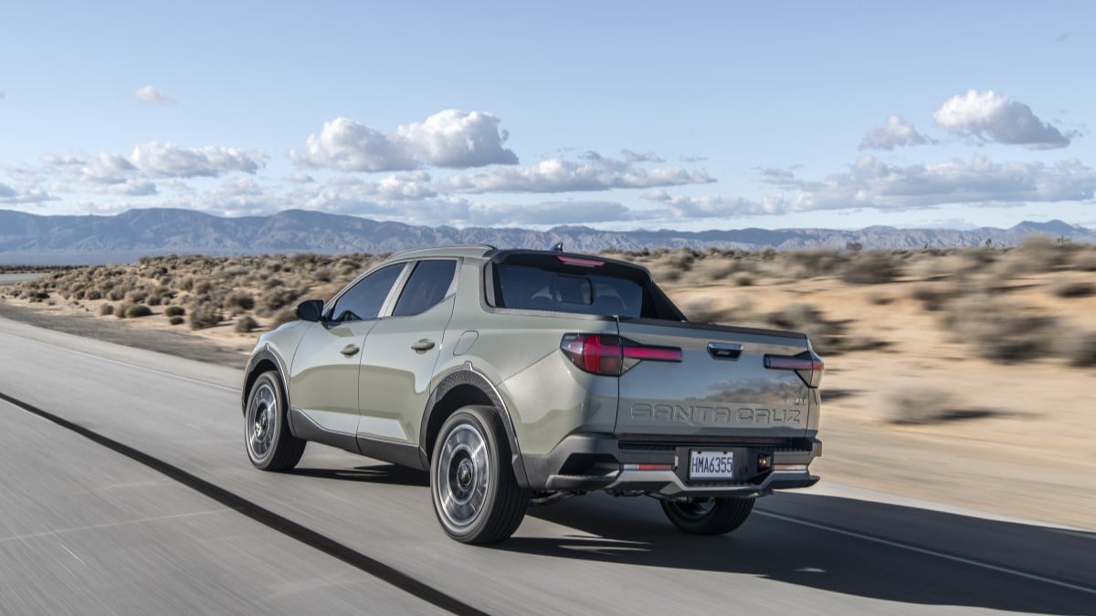 The 2025 Hyundai Santa Cruz seen from a rear quarter angle