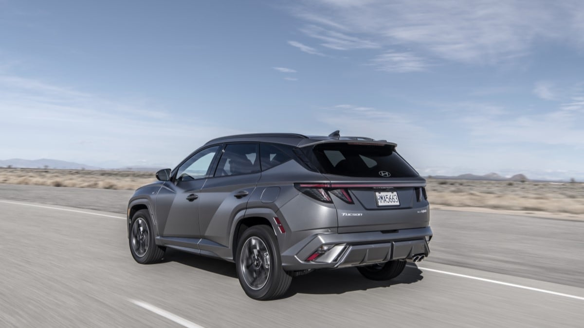 The 2025 Hyundai Tucson seen from a rear quarter angle