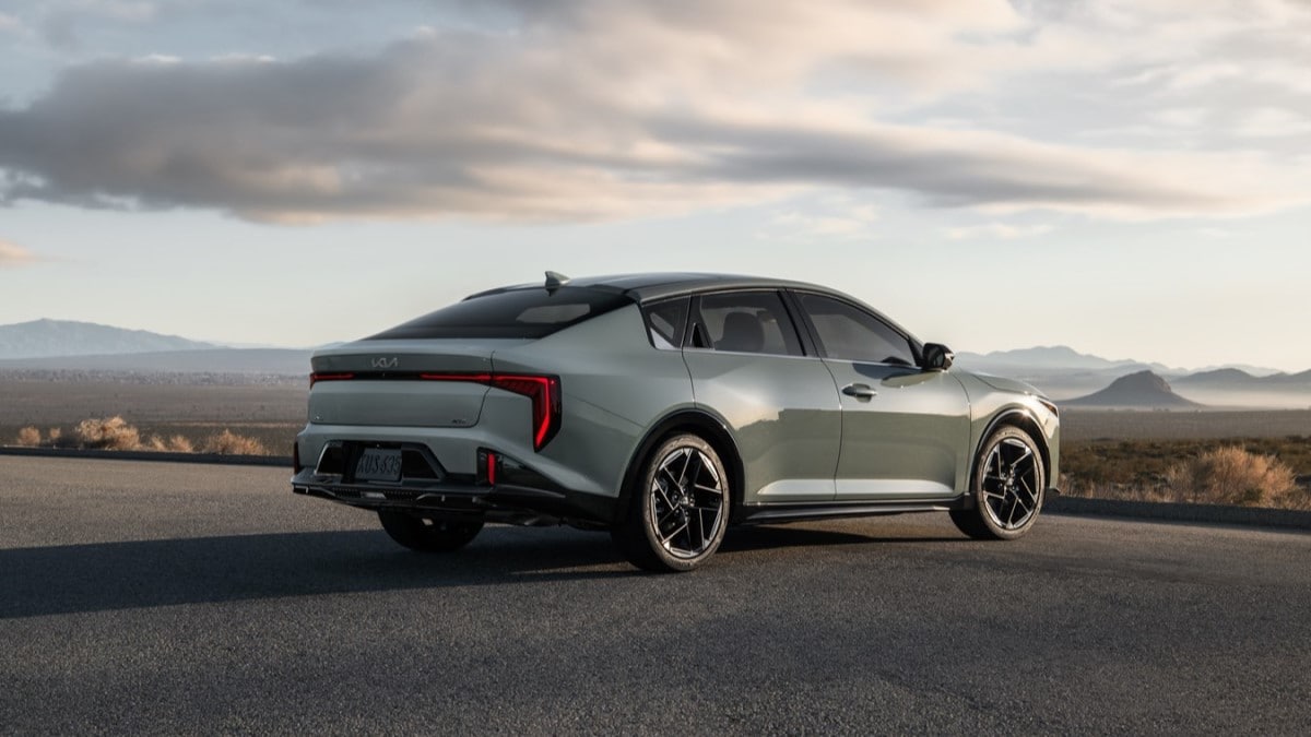 The 2025 Kia K4 seen from a rear quarter angle