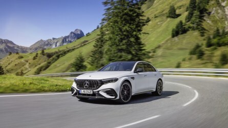 The 2025 Mercedes-AMG E 53 Hybrid seen from a front quarter angle