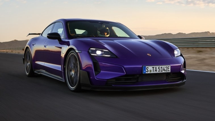 The 2025 Porsche Taycan Turbo GT seen from a front quarter angle