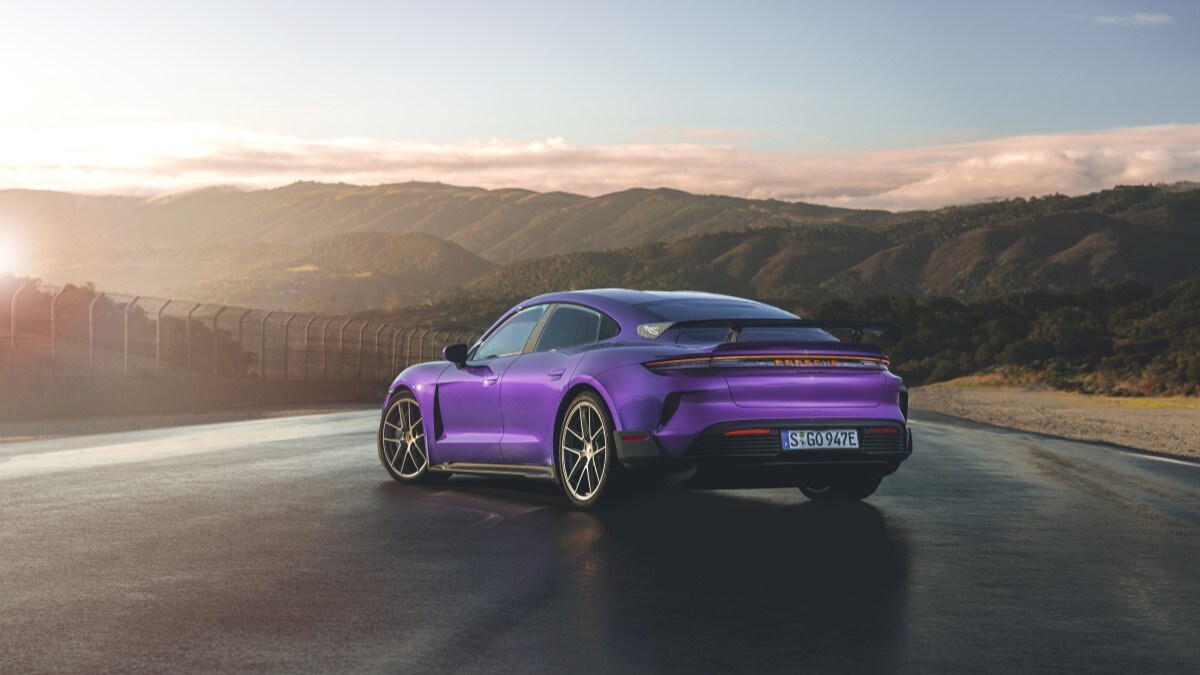 The 2025 Porsche Taycan Turbo GT seen from a rear quarter angle