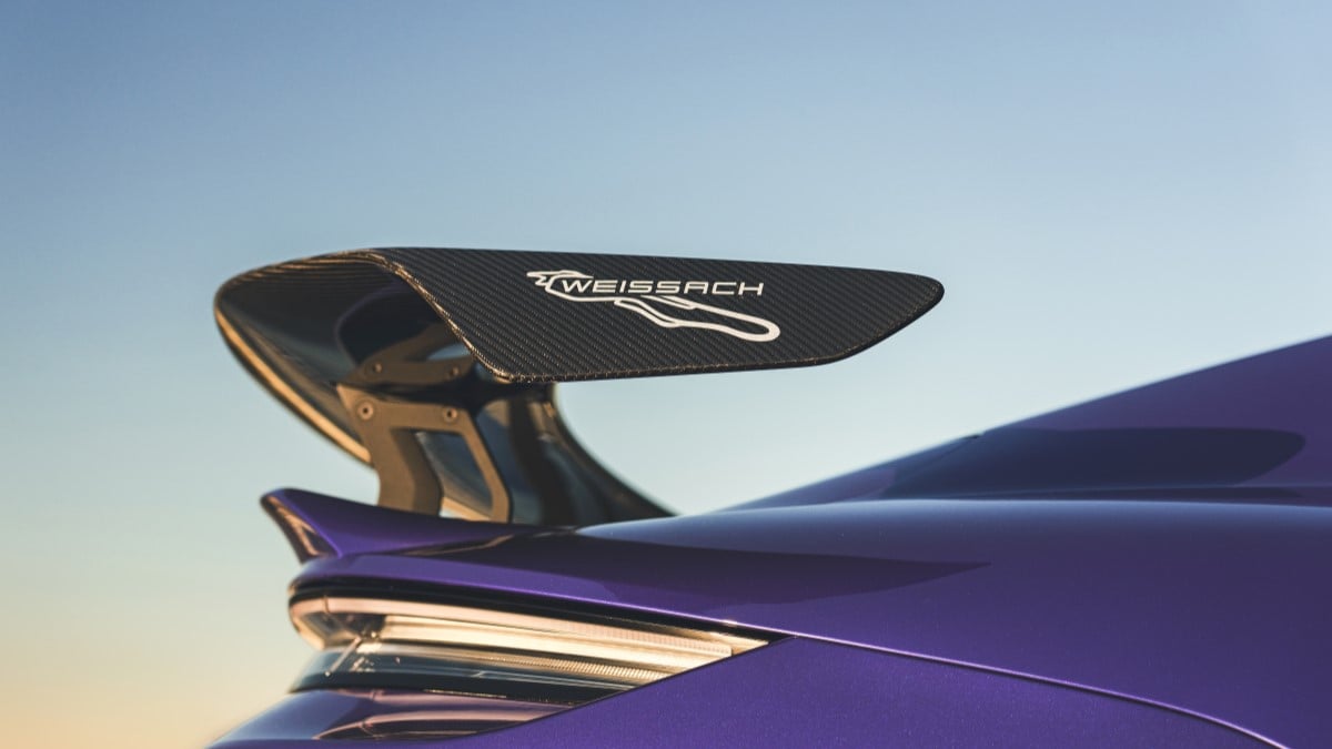 The rear wing of the 2025 Porsche Taycan Turbo GT
