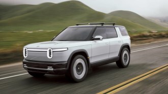 The Rivian R2 seen from a front quarter angle