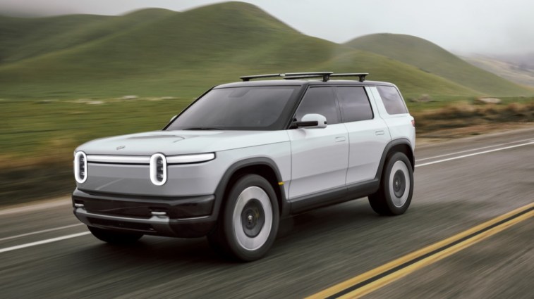 The Rivian R2 seen from a front quarter angle