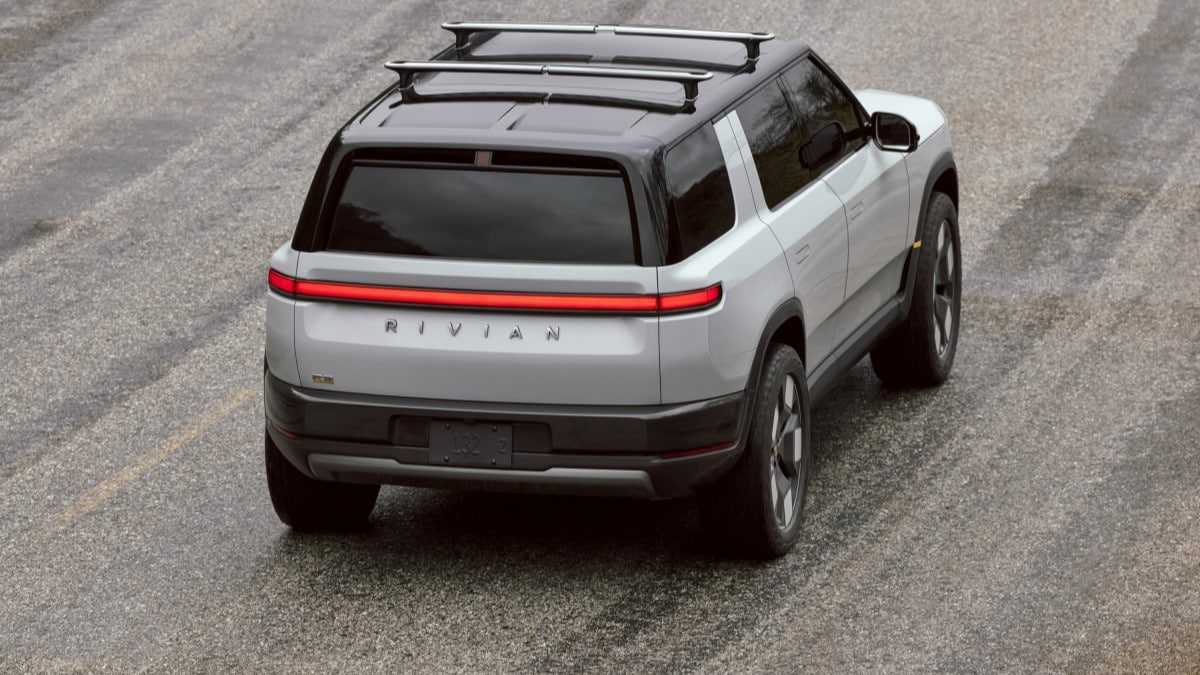 The Rivian R2 seen from a rear quarter angle