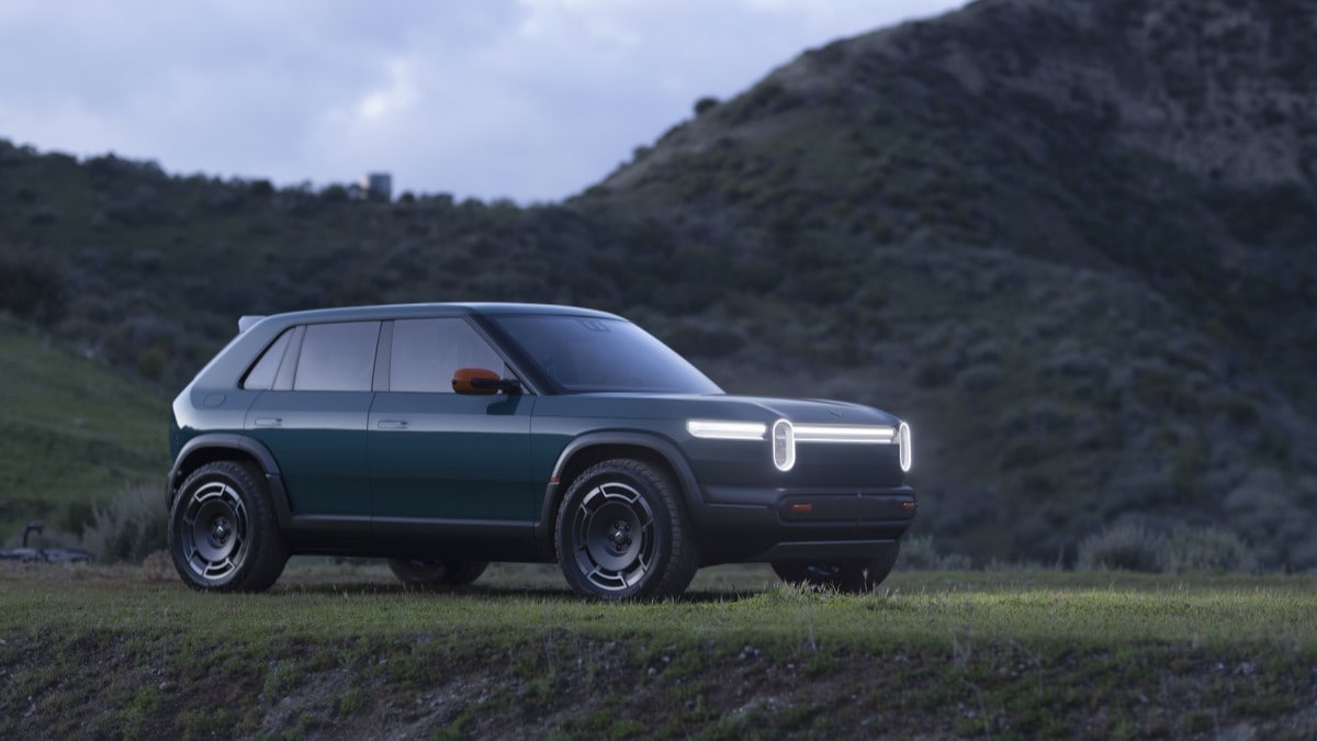 The Rivian R3X seen from a front quarter angle